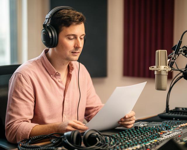 Audio producer reviewing a news podcast script beside studio headphones and a mixing desk