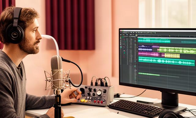 Audio producer arranging a news podcast timeline beside a studio microphone in a bright Bristol workspace