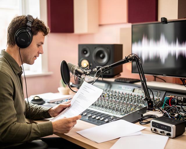 Audio producer reviewing a news podcast script beside a mixing desk in a bright Birmingham studio