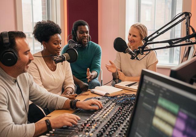 Podcast production team reviewing audio waveforms around a mixing desk in a bright Birmingham studio