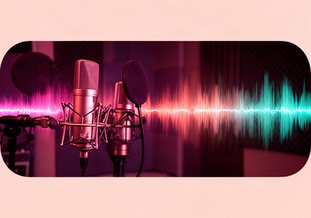 Colourful sound wave display beside studio microphones in a Birmingham podcast recording room